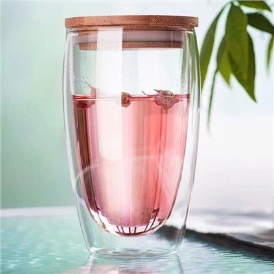 Dobbeltvæggede glaskaffeglas med bambuslåg